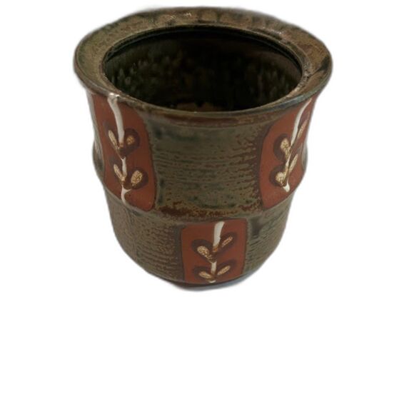Vtg MCM Japan Redware Stoneware Vase Green Brown Leaf Design Rustic Pottery - Picture 5 of 6